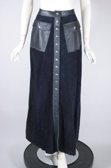 SK118-blue suede maxi skirt 1970s snap front leather trim - 1.jpg