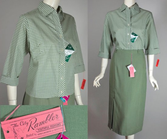 SK122-sage green gingham early 1960s skirt blouse set M - multi-view.jpg