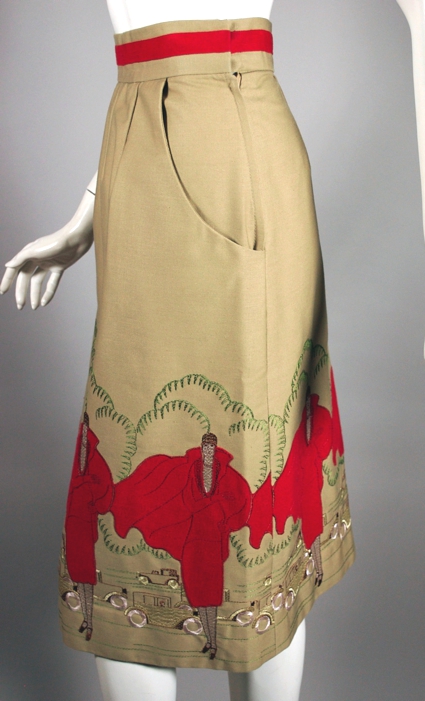 SK96-novelty print applique skirt flapper design 1970s khaki red - 7.jpg