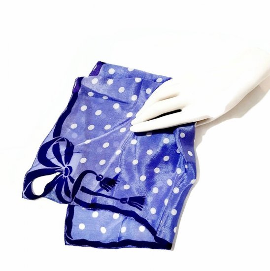 small silk sqaure scarf ,vintage 50s,blue purple,dots,bow cut out,anothertimevintageapparel.jpg