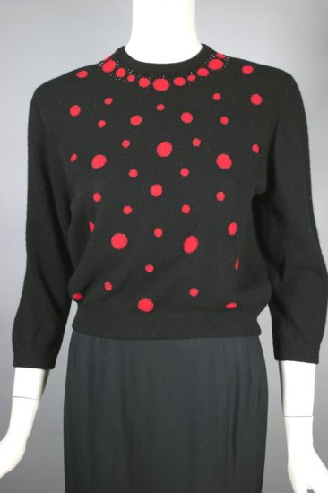 SW169-black cashmere sweater 1950s beaded red polka dots - 01.jpg
