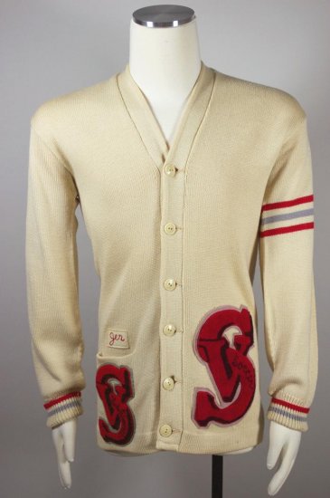 SW195-1950s letter sweater long cardian ivory red wool - 1.jpg