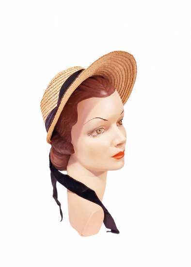 vintage 1940s golden straw sun hat brimmed structured velvet ribbons 1.png