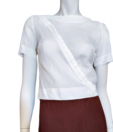 vintage 1950s nylon blouse fitted secretary tailored tucks button back.png