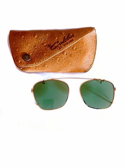 vintage 50s clip on sunglasses and case,dark green,lenses,anothertimevintageapparel.jpg