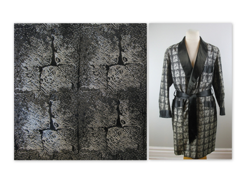 vintage 50s smoking jacket, brocade, silver, black, textured, satin trim, medium - 4.jpg