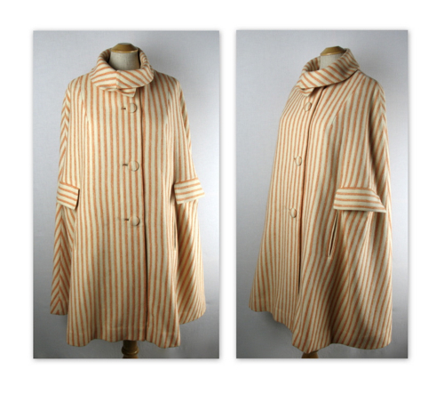 vintage 60s mod cape coat, striped, salmon, cream, os - 5.jpg