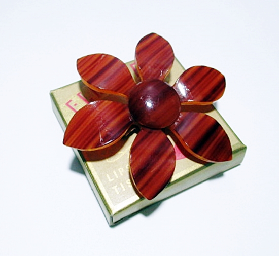 Vintage -60s-rootbeer brown-brooch-thick lucite-striped-flower power-statement.JPG