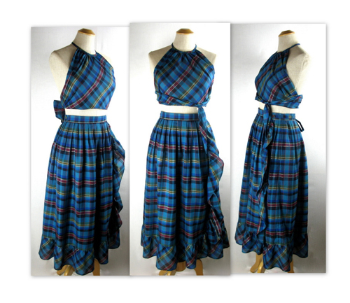 vintage 70s scarf top, ruffled skirt, plaid, semi sheer cotton, j.jpg