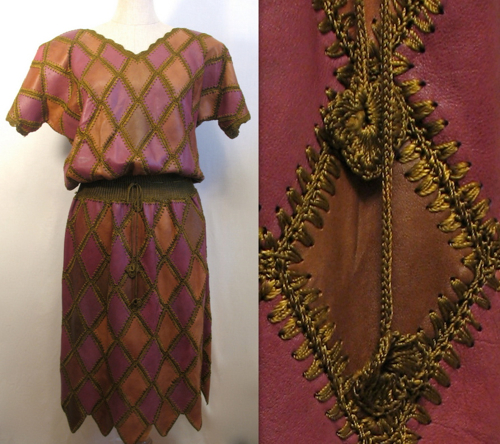 vintage leather dress, 80s, 1980s, harlequin, belted, jagged hem - 5.jpg