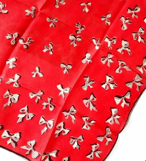 vivid red silk sm scarf,1950s vintage scarf,little bows,grey,.jpg