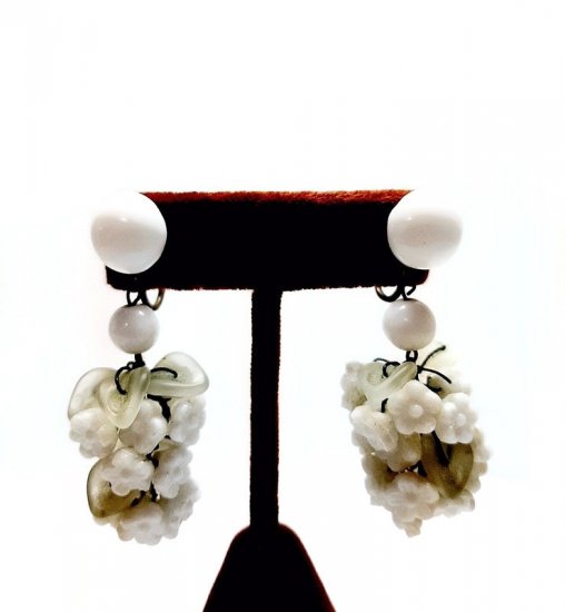 white glass flower earrings and leaves vintage 1950s.jpg