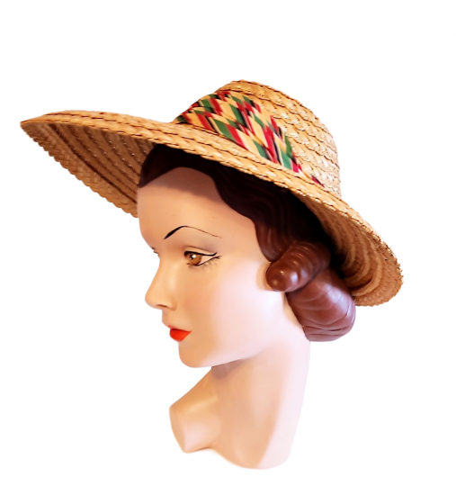 wide brim straw 1940s vintage sun hat sports style striped band.png