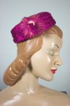 LH506-tiny pillbox hat 1960s fuschia pink silk feathers trim - 2.jpg